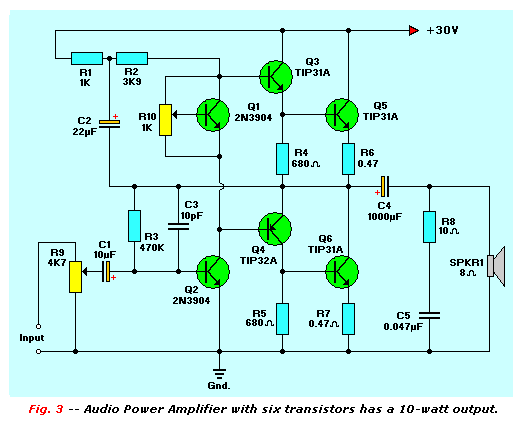Audio Power Amplifier with 6 transistors, 10 watt