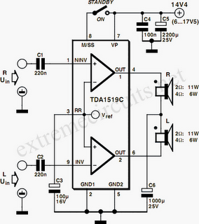 11W Stereo Mono Power Amp Circuit Diagram Using TDA1519C