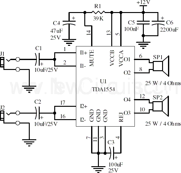 Circuit Diagram Of Stereo    Amplifier - 22w Stereo Amplifier Using Tda1554 - Circuit Diagram Of Stereo Amplifier