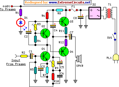 60 Watt Bass Amplifier circuit schematic