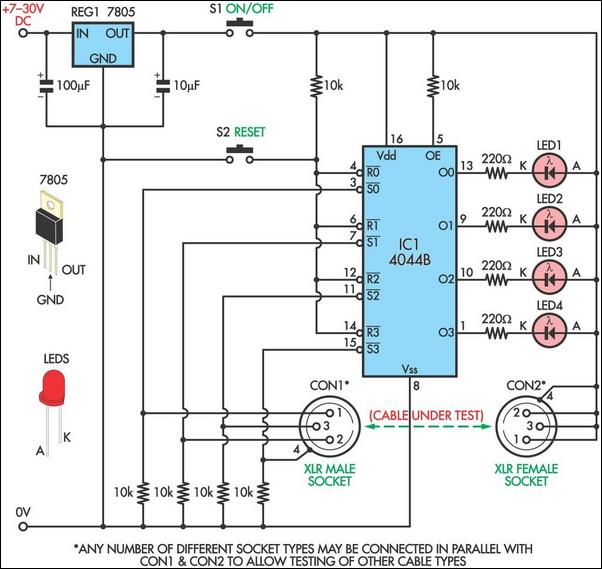 Cable tester uses quad latch circuit schematic
