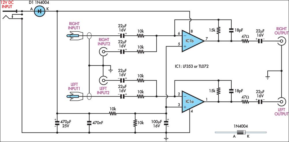 Dual Input Combining Stereo Line Amplifier Circuit Diagram