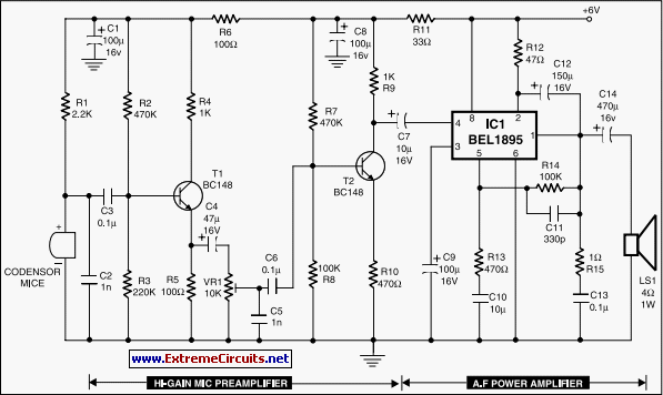 Condenser Mic Audio Amplifier circuit schematic