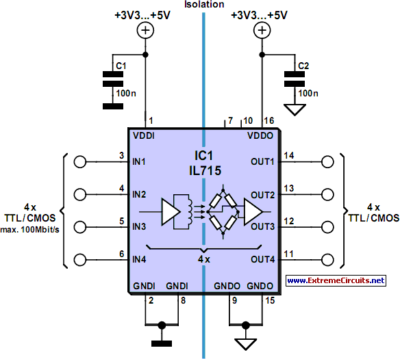 Digital Isolation up to 100 Mbits circuit schematic