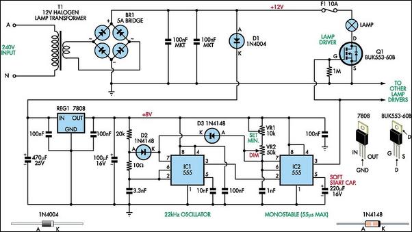 Halogen lamp dimmer with soft start circuit schematic