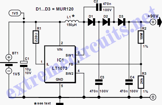 High Voltage Converter: 90V From 1.5V Circuit Diagram