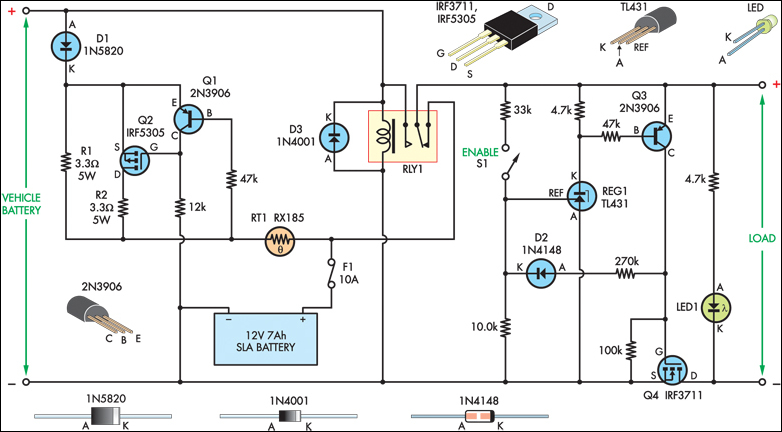 In-car charger and switcher circuit diagram for an SLA battery