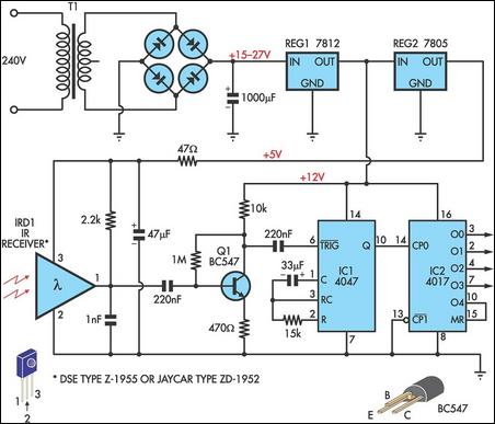 Infrared remote receiver has four outputs circuit schematic