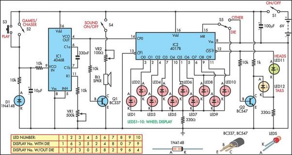 LED chaser provides three game functions circuit schematic