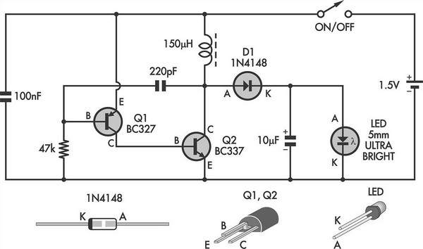 LED torch uses blocking oscillator circuit schematic
