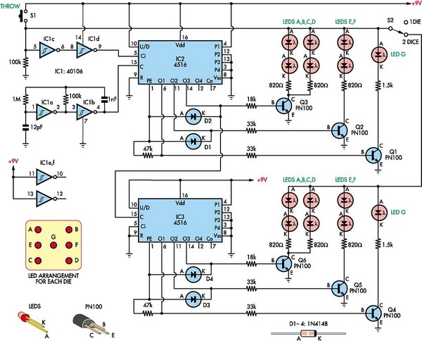 Low-cost dual digital dice circuit schematic