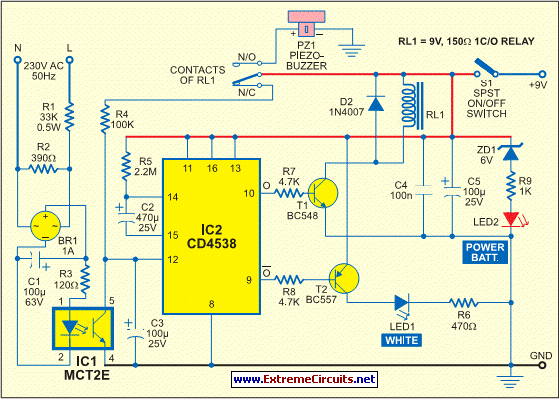 mains supply failure alarm circuit schematic