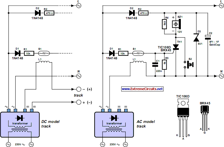 Model Railway Short-Circuit Beeper circuit schematic