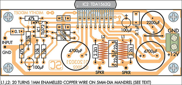 Car Power Amp Circuit With Pcb Design - Parts Layout Of 36 Watt Audio Power Amplifier Pcb Layout - Car Power Amp Circuit With Pcb Design