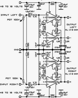 2x20 Watt Stereo Amplifier by TDA2005 circuit diagram