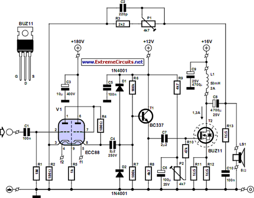 Simple Hybrid Audio Amplifier circuit schematic