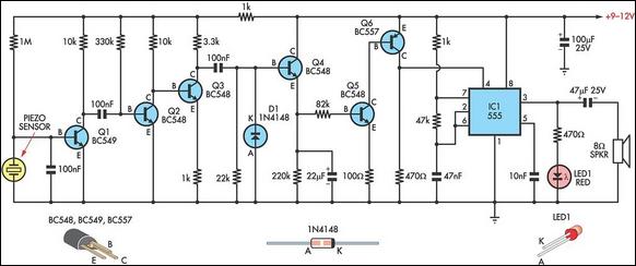 Simple knock alarm with piezo sensor circuit schematic