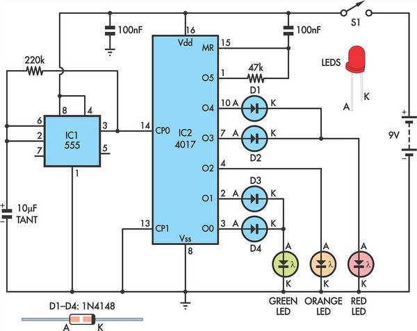 Traffic lights for model cars or model railways circuit schematic