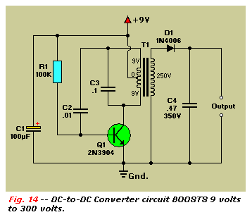 DC-to-DC converter circuit, 9 to 300 volts