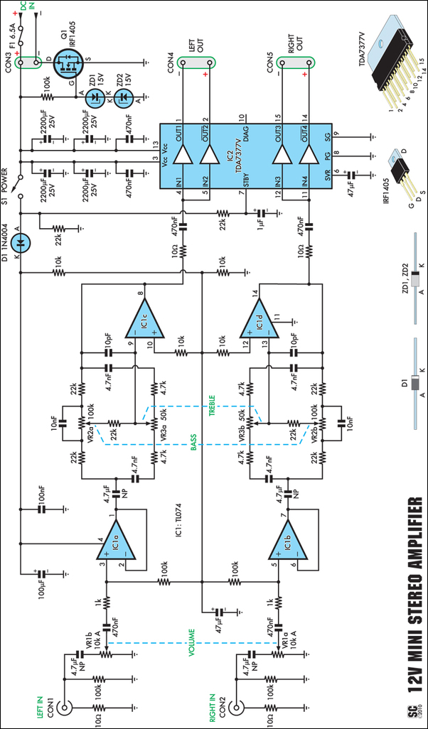 12V 20W Stereo Amplifier circuit schematic