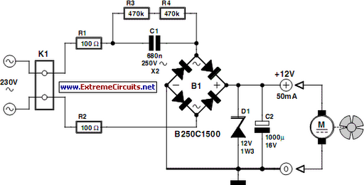 12V Fan Directly on 220V AC Circuit Schematic