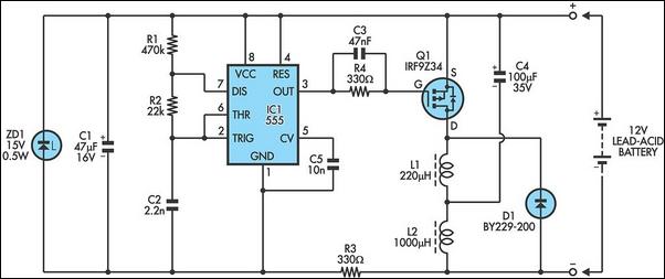 12V lead acid battery desulphator circuit schematic