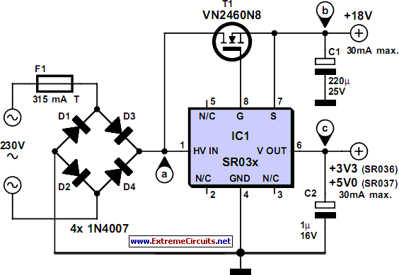 3.3 V or 5 V Direct from the Mains circuit schematic