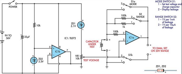 Capacitor leakage adaptor for DMMs circuit schematic