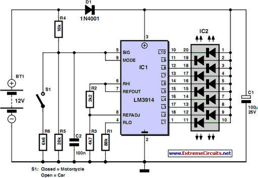 car and motorcycle battery tester circuit schematic