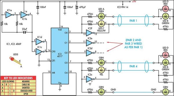 Computer Data Cable Tester circuit schematic