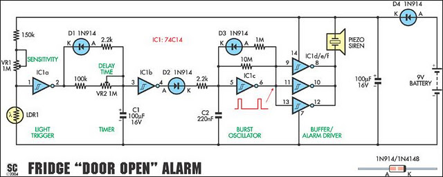 fridge-door open alarm schematic circuit diagram