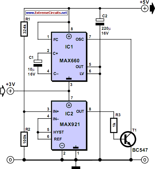 Inductorless 3-to-5 Volts Converter circuit schematic