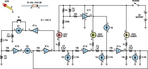 Interactive toy traffic lights circuit schematic