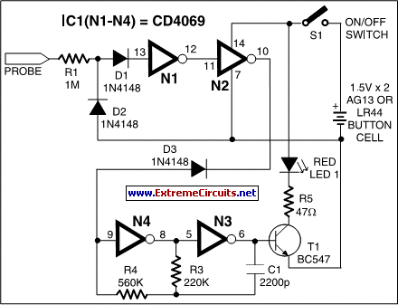 invisible broken wire detector circuit schematic