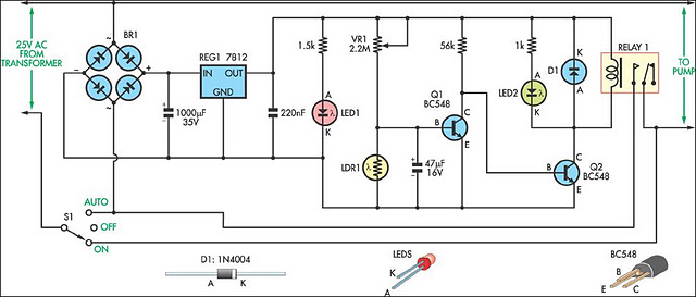 Light-controlled pond pump circuit schematic