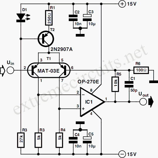 Low-Noise Microphone Amplifier (OP270E) Circuit Diagram