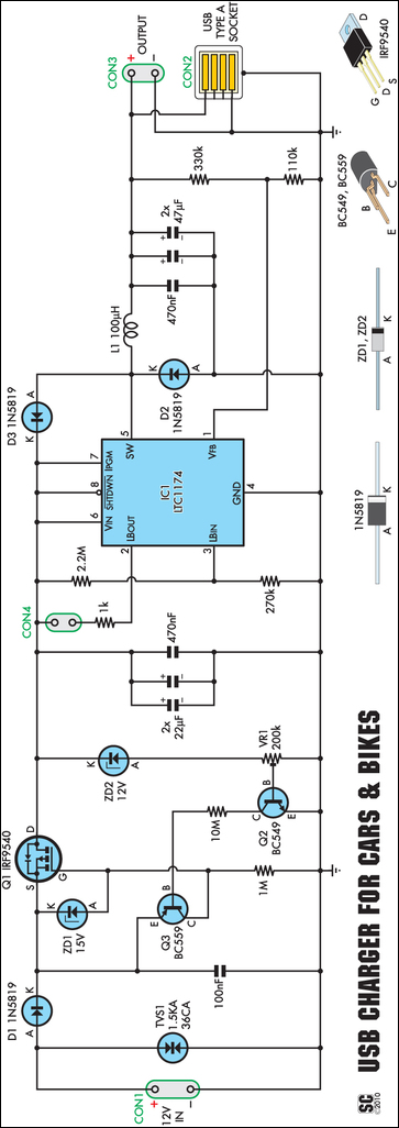 Low-Power Car-Bike USB Charger circuit schematic