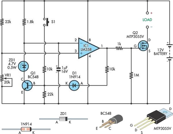 Low-voltage cutout for 12V SLA batteries circuit schematic