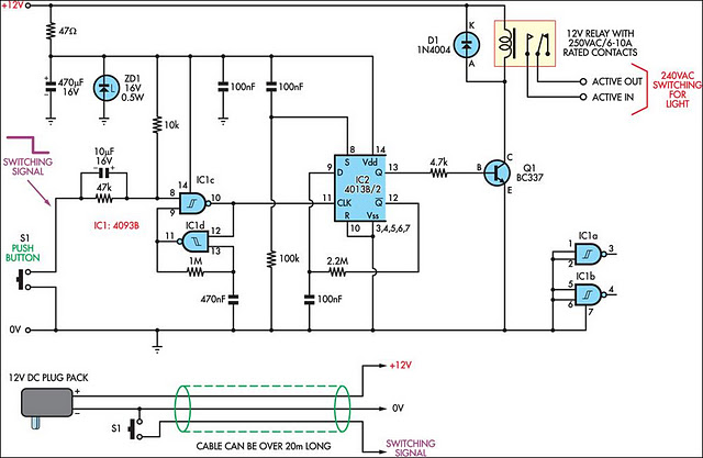Low-voltage remote mains switch circuit schematic