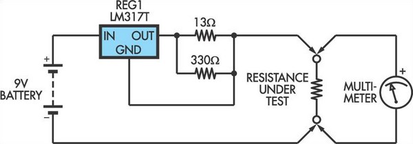 Low Ohms Adaptor for DMMs based on an LM317 regulator circuit schematic