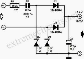 Low Power 12V Transformerless Power Supply circuit diagram