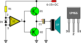  A music - melody generator schematic Circuit Diagram using UM66 