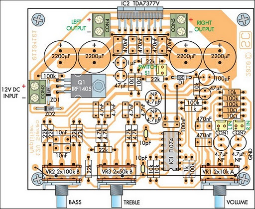 PCB layout of compact 12V 20W Stereo Amplifier circuit schematic