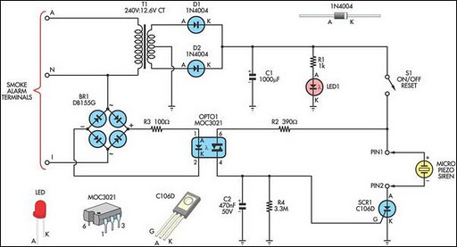 remote alarm for smoke detector circuit schematic