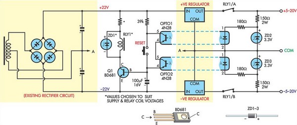 Short circuit protection for balanced supply rails circuit schematic