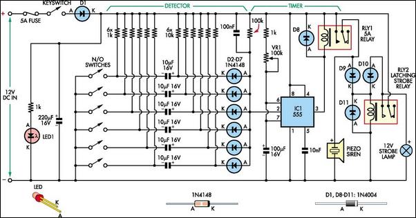 Simple 6-input alarm circuit schematic