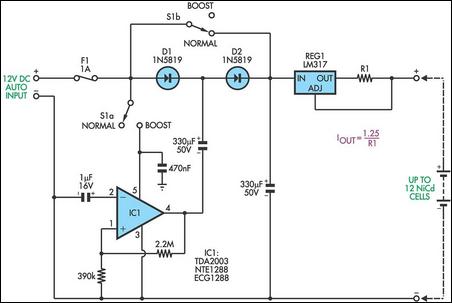 Simple circuit charges up to 12 NiCds circuit schematic