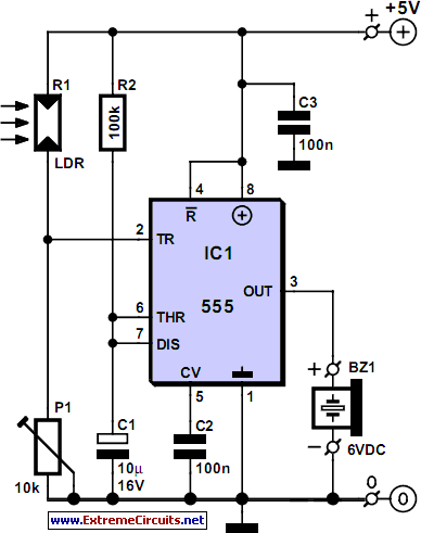 Simple Darkness Activated Alarm circuit schematic