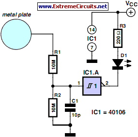 simple one-wire touch detector circuit schematic