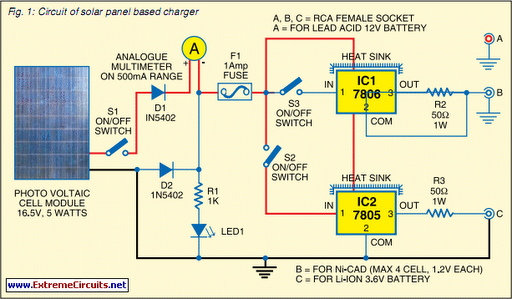 solar panel based charger and small LED lamp circuit schematic